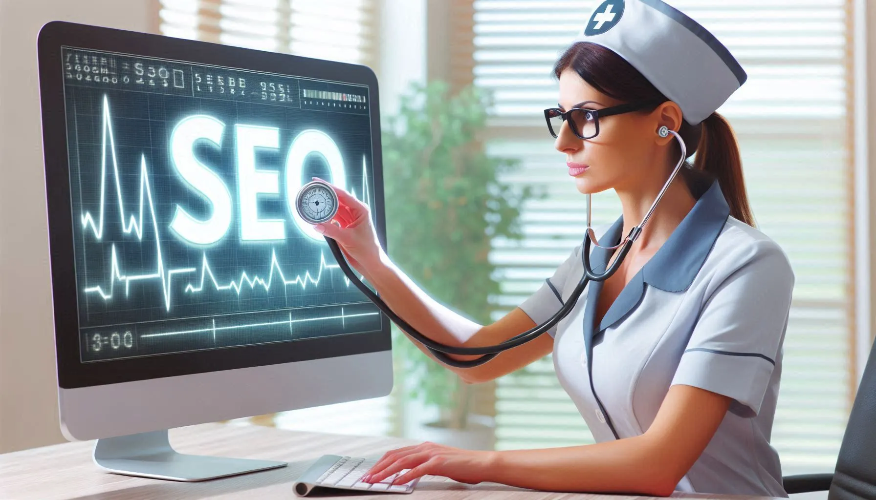 Une infirmière mesur le SEO d'un ordinateur